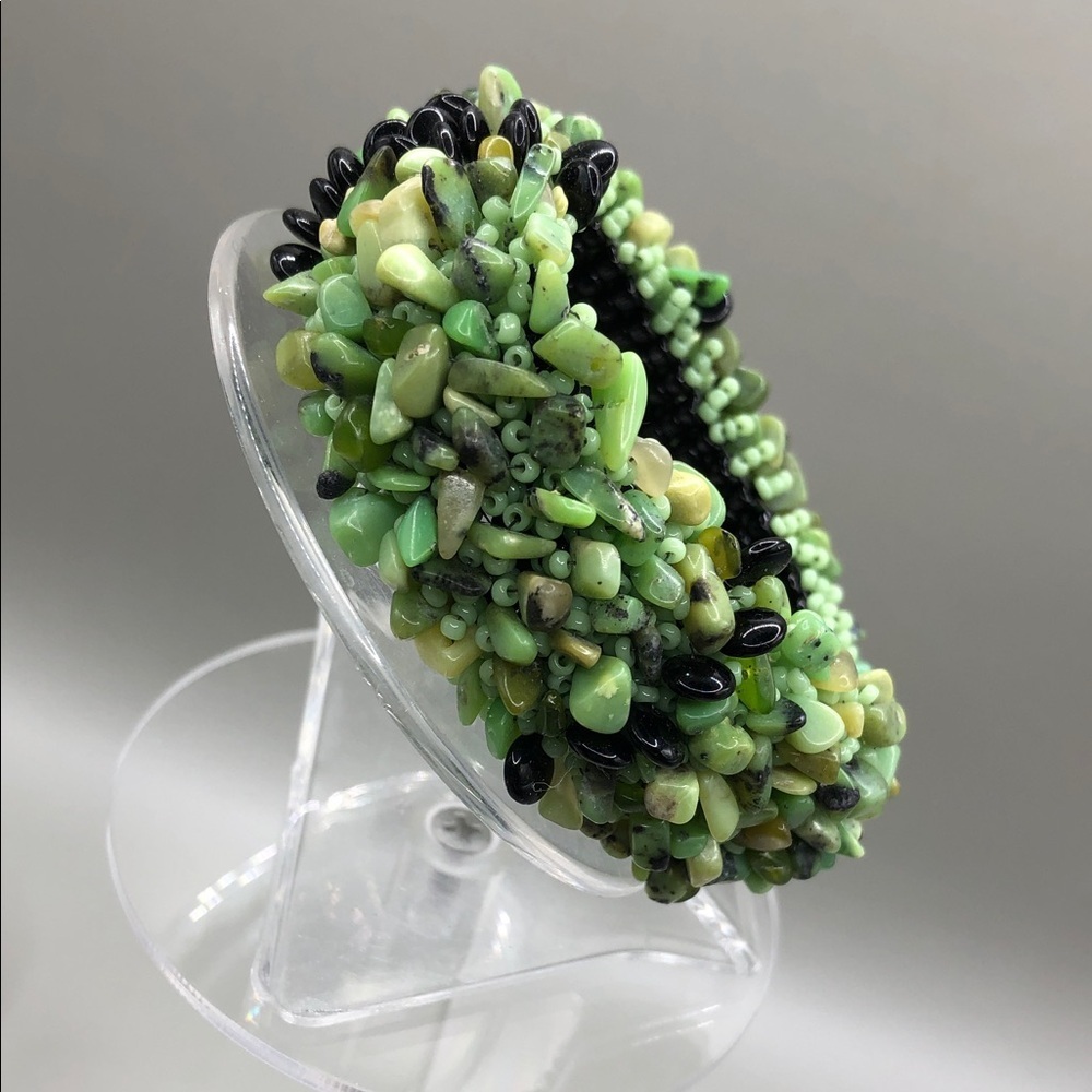 Vintage green and black stone bead handmade beaded bracelet boho free spirit.